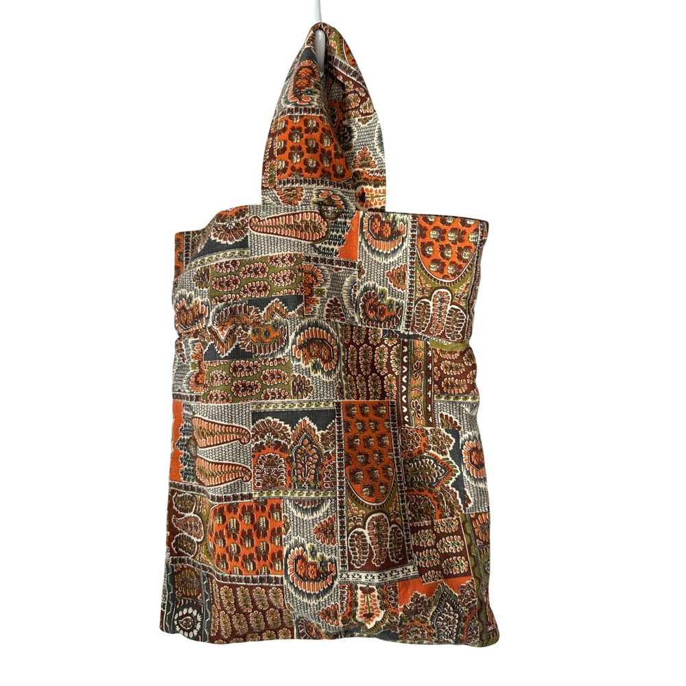 Vintage 60s Handmade Tote Bag Orange Paisley Tapestry Boho Reversible Festival